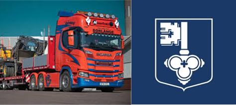 En orange lastbil med texten Maserfrakt och Leksands kommuns kommunvapen, sammanfogat till en tvådelad bild.