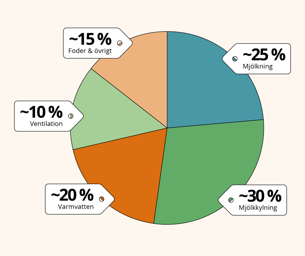 Cirkeldiagram som visar fördelningen av elanvändning för en mjölkgård per år.
