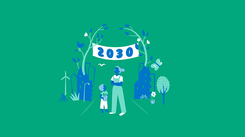 Miljösymboler och texten 2030. Illustration.